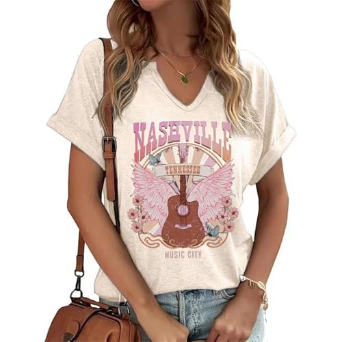 Vintage Rock Band T Shirt for Women V Neck Nashville Western Shirts Cowgirl Cowboy Graphic Tees Country Music Tops