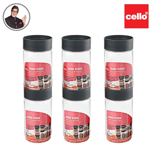 Image of CELLO Modustack Pet Storage Jar For Kitchen Set of 6 Pcs, 750 ml Grey | Freezer & Fridge Safe, See Through Airtight Stackable Pet Kitchen Storage Box Container Set For Beans, Whole Grains, Spices