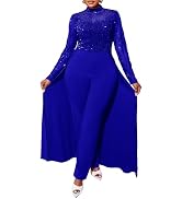 VERWIN Plus Size Sequins Jumpsuit for Women Patchwork Overlay Full Length Women's Jumpsuit High-W...