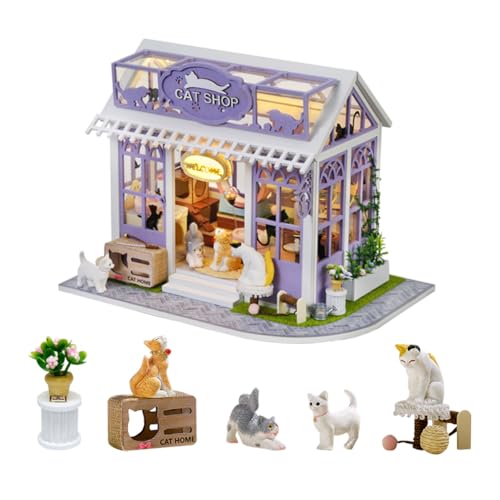 DIY Dollhouse Miniature Kit, Mini Cat Pet Shop Puzzle Model 1:24 Scale Kitten Dolls House Furniture Accessories and LED Lights Kid Teen and Adult Build Gift (Cat Store)