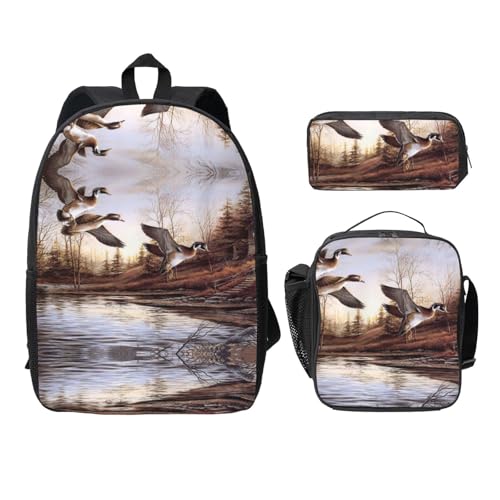 Sac à dos 3 pièces imprimé canards colverts, l'ensemble parfait pour les sorties nature