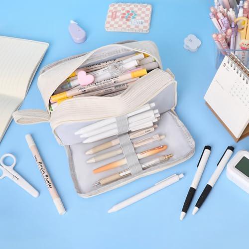 Image of iSuperb Big Capacity Corduroy Pencil Case 3 Compartments Pen Pouch Simple Organizer Bag Large Capacity Pencil Box for Adults (Beige)