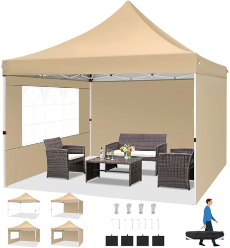 COBIZI Carpa Plegable Gazebo 3x3m con 3 Paredes y 4 Bolsas de Arena, Cenador Robusto Impermeable, Cenador Pabellón de Jardín para Reception, Camping, Fiestas, Exterior, Caqui