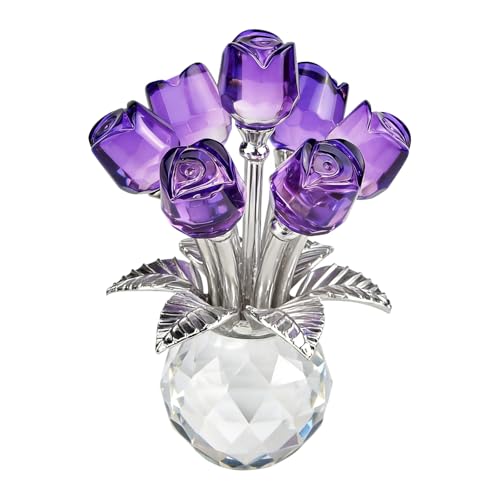 Crystal Rose Ornament Crystal Flowers Crysta-l Purple Rose Bouquet Figurine Premium Glass Flower Ornam Crystal Ornaments Glass Flowers for Mum Wife Mothers Day Anniversary Timeless Symbol of Love