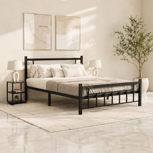 Image of Queen Size Metal Bed Frame | Queen Metal Bed | QueenSize Iron Bed | Queen Steel Bed | Heavy Duty Platform Bed | Double Bed Cot | Wrought Iron Bed | Steel Slats | No Box Spring Needed | Black