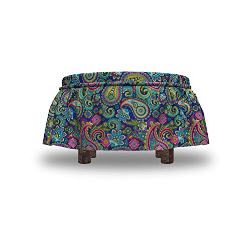 Ambesonne Paisley Ottoman Cover, Bohem Colorful, 2 Piece Slipcover Set With Ruffle Skirt For Square Round Cube Footstool Decorative Home Accent, Standard Size, Pink Blue #TOP4