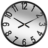 SCOAGE Vintage Large Mirror Metal Wall Clocks Oversized Modern Arabic Numerals Black Iron Industrial Mantle Clock Retro 24 Inch Big Wall Clock Battery Operated Kitchen Living Room Fireplace Decor