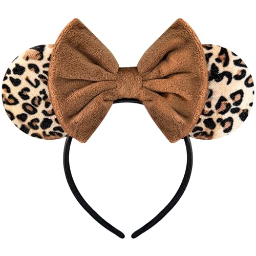 Bmobuo Leopard Print Mouse Ears Headband for Women Brown Fuzzy Bows Park Ears Cute Christmas Hairband