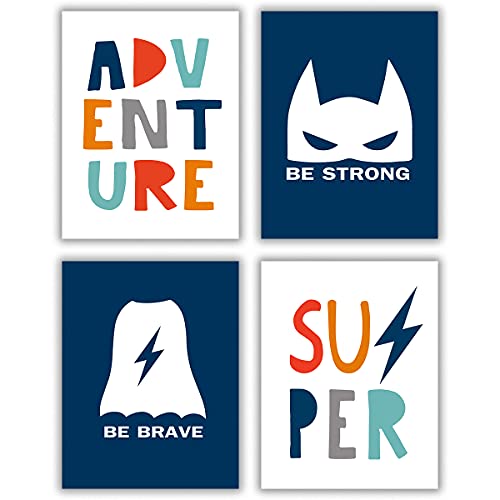 Kids Superhero Room, Be Strong be brave Superhero Boys Room, Superhero Nursery, Superhero Playroom Decor, Super Hero Print, blue nursery art 4-piece Set (8x10 inches), Not included frame