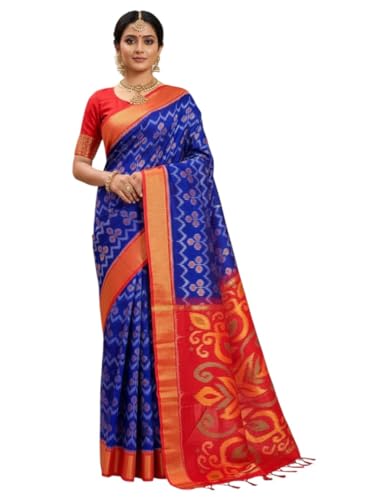 Image of AYYAPPASILK Women's Exclusive Ikkat Silk Saree for Designer Border with Contrast Blouse