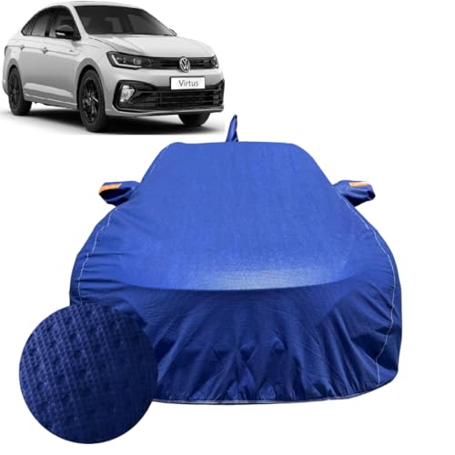 Image of Car Cover Compatible For Volkswagen Virtus (2022-2026) | 100% Waterproof Cover with Antenna & REFLECTIVE Mirror Pockets | Dustproof, Scratchproof, Heatproof Car Cover |Soft Cotton Lining|BLUE