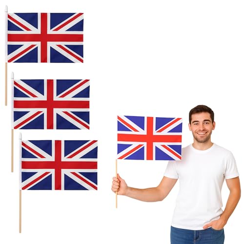 Union Jack Hand Flags with 45cm Wooden Stick Double-Sided Mini UK Flags for Waving British Union Jack for Parties Sports Parades & Celebrations (3)