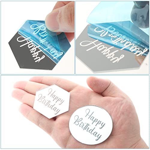 60 Pcs Acrylic Cupcake Toppers Mirror Acrylic Cake Toppers Happy Birthday Cake Toppers Round Birthday Engraved Topper Charms Hexagon Acrylic Cake Disc For Diy Cupcake Decoration #TOP3