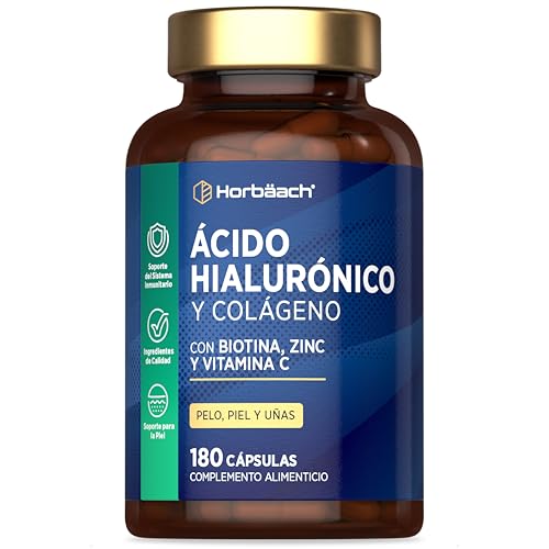 Ácido Hialurónico Cápsulas con Colágeno Biotina Zinc Selenio y Vitamina C | Vitaminas para cabello piel y uñas | para las Articulaciones, Músculos y Huesos | 180 Cápsulas | Horbaach