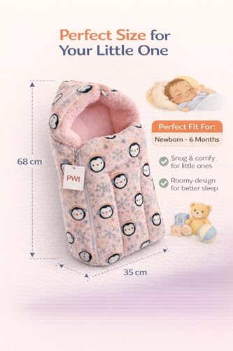 Image of PWI Baby Sleeping Bag for 0-6 Months, Ultra Soft Plush & Sherpa Warm Winter Wrapper with Hood & Zip, Newborn Swaddle Blanket for Stroller & Home Use