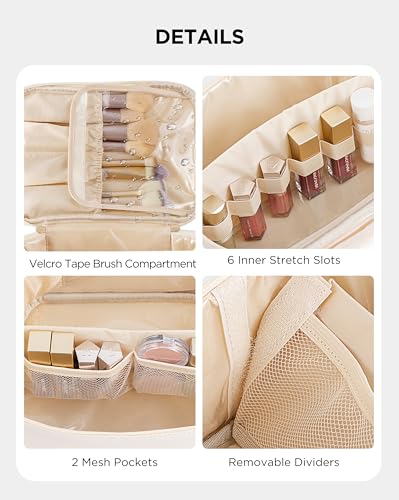 Vorey Makeup Bag for Women Large Travel Makeup Bag Organizer Portable Toiletry Bag Cute Makeup Bags Waterproof Leather Cosmetic Bag Makeup Case with Removable Dividers, Beige