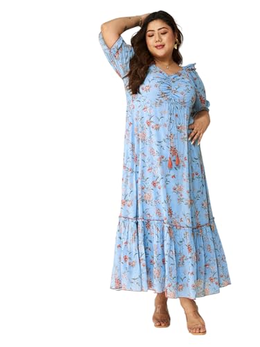 Image of Miss Chase A+ Women's Sweetheart Neck Puffed Sleeve Floral Ruching Georgette Maxi Dress