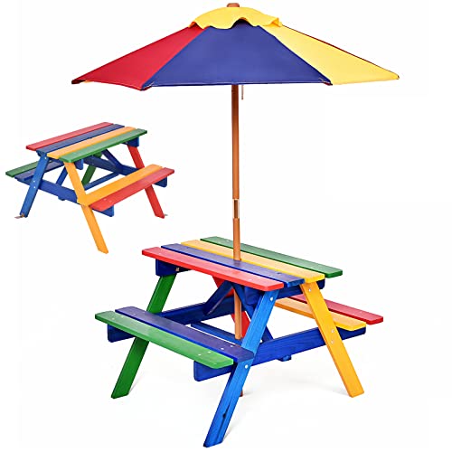 RELAX4LIFE Ensemble Salon de Jardin pour Enfant Comprenant 1 Table et 2 Bancs Plus 1 Parasol Centré, Table de Jardin pour Pique-Nique en Sapin avec Trous Parapluie