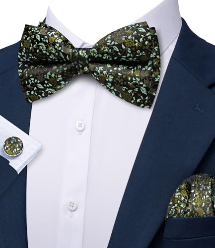 Image of YOHOWA Mens Bow Tie Set Paisley Pre-tied Bowties Adjustable with Handkerchief Cufflinks Gold Ring Set Wedding Prom Party
