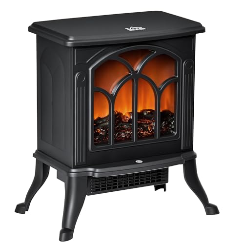 HOMCOM Chimenea Eléctrica de Pie 750/1500 W, Chimenea Decorativa con 2 Niveles de Potencia, Efecto Llama, Protección Sobrecalentamiento, Área de Cobertura 15-20 m², Negro
