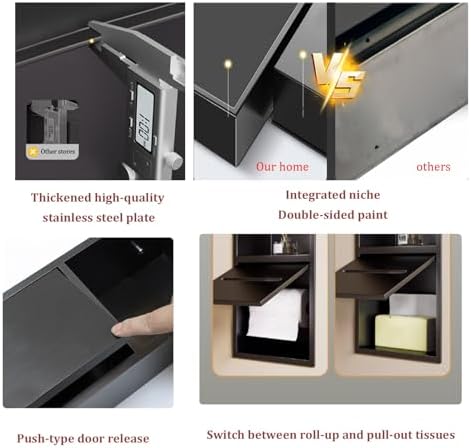 Stainless Steel Hidden Trash Can Cabinet with LED Light, Recessed Toilet Paper Holder & Brush Set, Space-Saving Storage Solution for Bathrooms & Restrooms