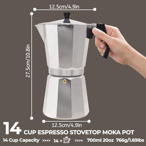 Image of Aluminum 14 Cup 700ml Moka Pot Express Coffee Maker Stovetop Espresso Percolator Coffeemaker Italian Classic Style Brewing Greca Cafe Mocha Machine for Cafeteras Lover Camping Travel and Home Use 24oz