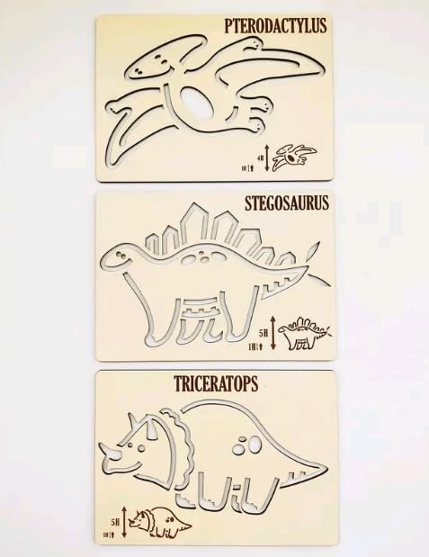 MeeCraft Montessori Dinosaurs Stencil Set with Box for Drawing and Artistic Expression, Wooden Toys for Preschoolers (9 Pieces, 21x15cm Each) 2