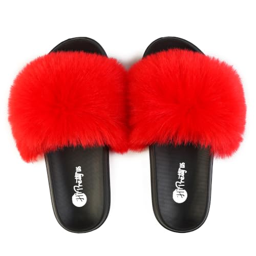 Image of Women's Faux Fur Slides, Open Toe Cute Fur Slippers, Indoor or Outdoor Comfortable Furry Slide Sandals With Fluffy Fur