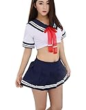 Oludkeph Women Lingerie Schoolgirls Outfit Lingerie Roleplay Cosplay Sailor Costumes Outfit with Stockings (Medium, Navy Blue)