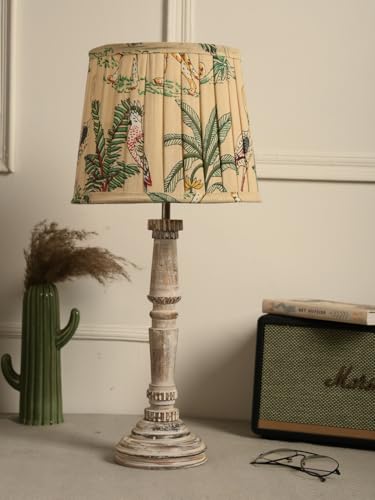 Image of Green Girgit Empire Wooden Lamp in Distress White Color with Pleeted Multiolor Green Shade, Reading & Bedside Table Lamp, Home & Room Decor
