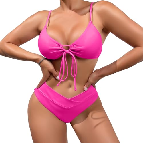 Meioro Conjunto de Bikini para Mujer Traje de Baño Triangulo Recortado, Traje de Baño de Dos Piezas con Cuello en V, Traje de Baño con Cintura Baja, Sexy Traje de Baño con Nudo(Rosa Brillante,S)