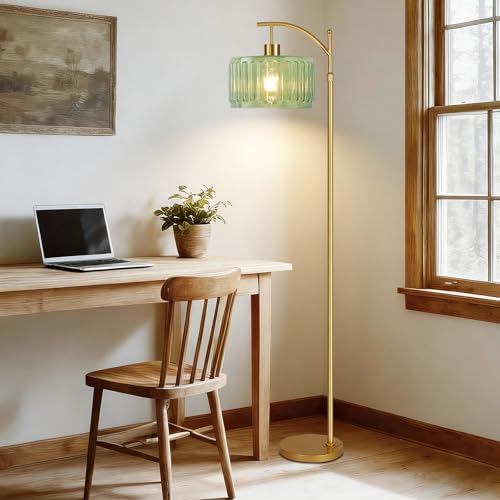Image of QIYIZM Glass Floor Lamp for Living Room,Bedroom,Gold Dimmable Standing Lamp with Remote,Mid Century Modern Brass Tall Lamp Boho Vintage Retro Floor Lamps Arc Green Flower Floor Light Lamp Bohemian