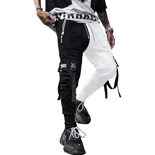 XYXIONGMAO メンズ ジョガーパンツ テックウェア ヒップホップ ハーレムパンツ ストリートウェア タクティカル トラックパンツ, ブラック&ホワイト, Largeの商品画像（Amazon）