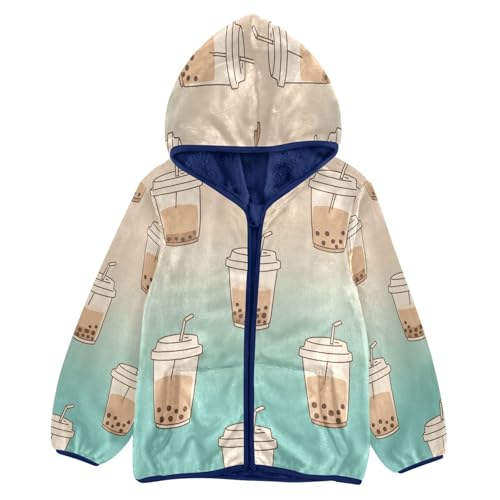 Bubble Tea Cups Pattern Design Toddler Fleece Jacket Girl Boys Hooded Fleece Jacket Coat Warm Outwear Zip-up 3-10T