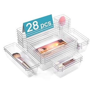 Vtopmart 28 PCS Clear Plastic Drawer Organizers Set, 4-Size Bathroom and Vanity Drawer Organizer Trays, Acrylic Storage Bins for Toiletries, Makeup, Cosmetic, Kitchen Utensils, Tool, Gadgets