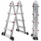UZIRO Escala Telescòpica Plegable Articulada d'Alumini 4x4, multiposició Extensibles 2,41 M, 4 Esglaons, Suporta fins a 150 KG, Plegable i Compacta, amb Barra Estabilitzadora i Rodes