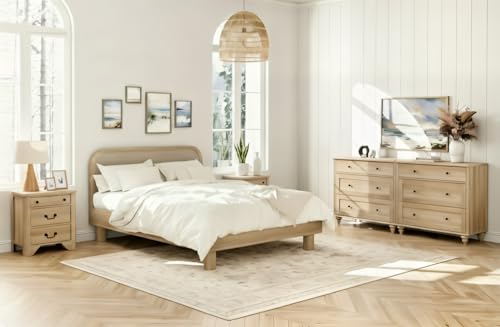 WAMPAT 4 Piece Bedroom Set - Includes Farmhouse 3 Drawer Storage Cabinet, Set of 2 Bedside Tables with Charging Station, Dresser and Nightstand Sets, Oak - Thumbnail 5