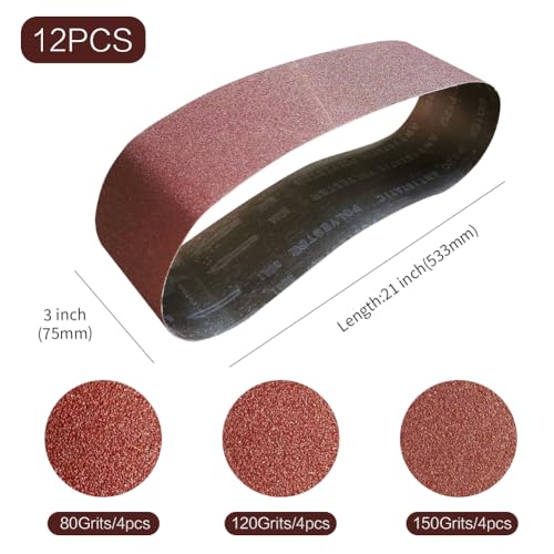 3x21 3 x 21 Inch Sanding Belt Pack 3-Inch x 21-Inch,12 Pcs(4 Each of 80 120 150 Grits) Aluminum Oxide for Sander