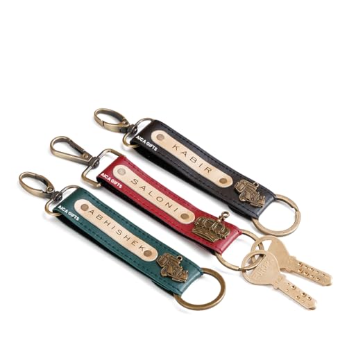 Image of AICA Personalized Name, Color & Charm Leather Keychain - Pack of 3 | Customized Unisex Keychains for Office Bags, Keys, Backpacks, School & College Use | Stylish Keychain for Daily Use Travel Gifting