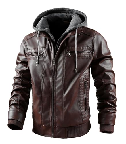 Image of INVACHI Men's Faux Leather Motorcycle Bomber Jacket with Removable Hood