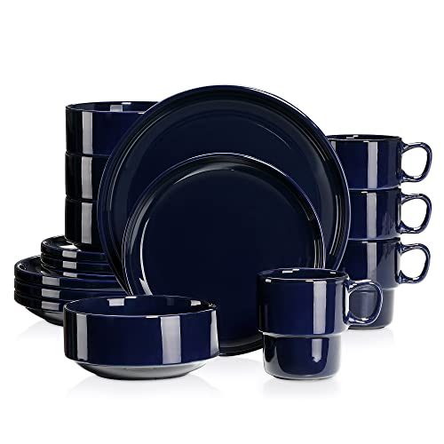 LOVECASA, Porcelain Dinner Set, Dark Blue, 16 Piece Kitchen Dinnerware Service, Plate Ceramic Crockery Set with Dinner Plates, Dessert Plate,Bowls and Mugs, Service for 4