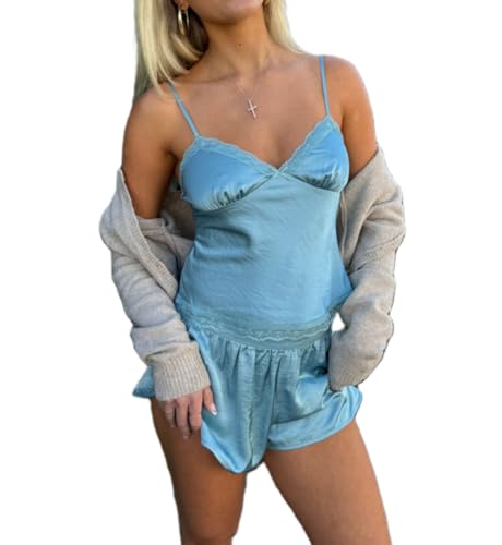 Image of ROAONOCOMO Women Lace Trim Pj Shorts Set Square Neck Coquette Tank Top Silk Satin Pajama Set Babydoll 2 Piece Shorts Outfit