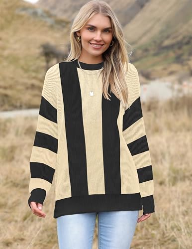 Image of Zeagoo Women 2026 Fall Lightweight Oversized Sweater Crew Neck Long Sleeve Color Block Pullover Rib Knit Blouse Tops XS-2XL