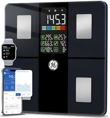 GE Scale for Body Weight, Body Fat, BMI, Muscle Mass, Smart Bathroom Scales with 14 Body Composition Metrics with Large Display, Accurate Bluetooth Weighing Machine with Fitness App, 400 lbs, Black