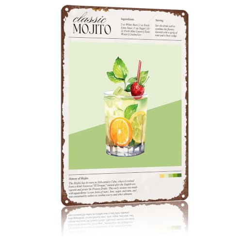 Classic Mojito Recipe Metal Tin Sign, Retro Cocktail Bar Decor,