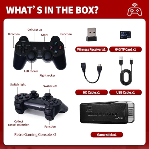 Wireless Retro Game Console, Video Game Console with Built-in 9 Emulators, 20,000+ Games, 4k Hdmi Output, and 2.4GHz Wireless Controller, Nostalgia Gaming Stick,Plug & Play TV Video Games(64G)