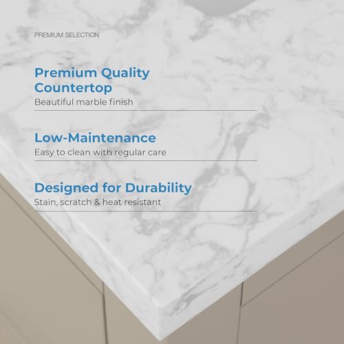 Image of OVE Decors Athea 60 in. Double Sink Freestanding Greige Bathroom Vanity with White Engineered Marble Top, Matching Backsplash, Power Bar and Brushed Gold Hardware