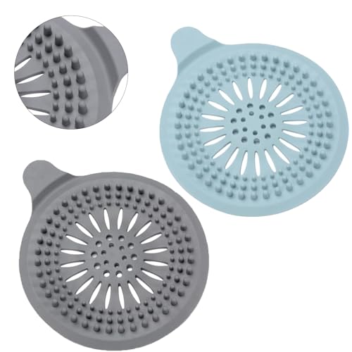Alyvisun 2Pcs Silicone Attrape Cheveux Douche avec Ventouse, Protection de Drain Filtre Evier, Universel Filtre à Cheveux pour Salle de Bain, Baignoire, Cuisine (Gris/Bleu)