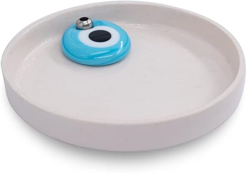 Quemador de incienso de cerámica contra el mal de ojo (blanco con ojo malvado azul)