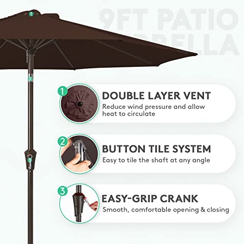 Image of JEAREY 9FT Outdoor Patio Umbrella Outdoor Table Umbrella with Push Button Tilt and Crank, Market Umbrella 8 Sturdy Ribs UV Protection Waterproof for Garden, Deck, Backyard, Pool (Brown)